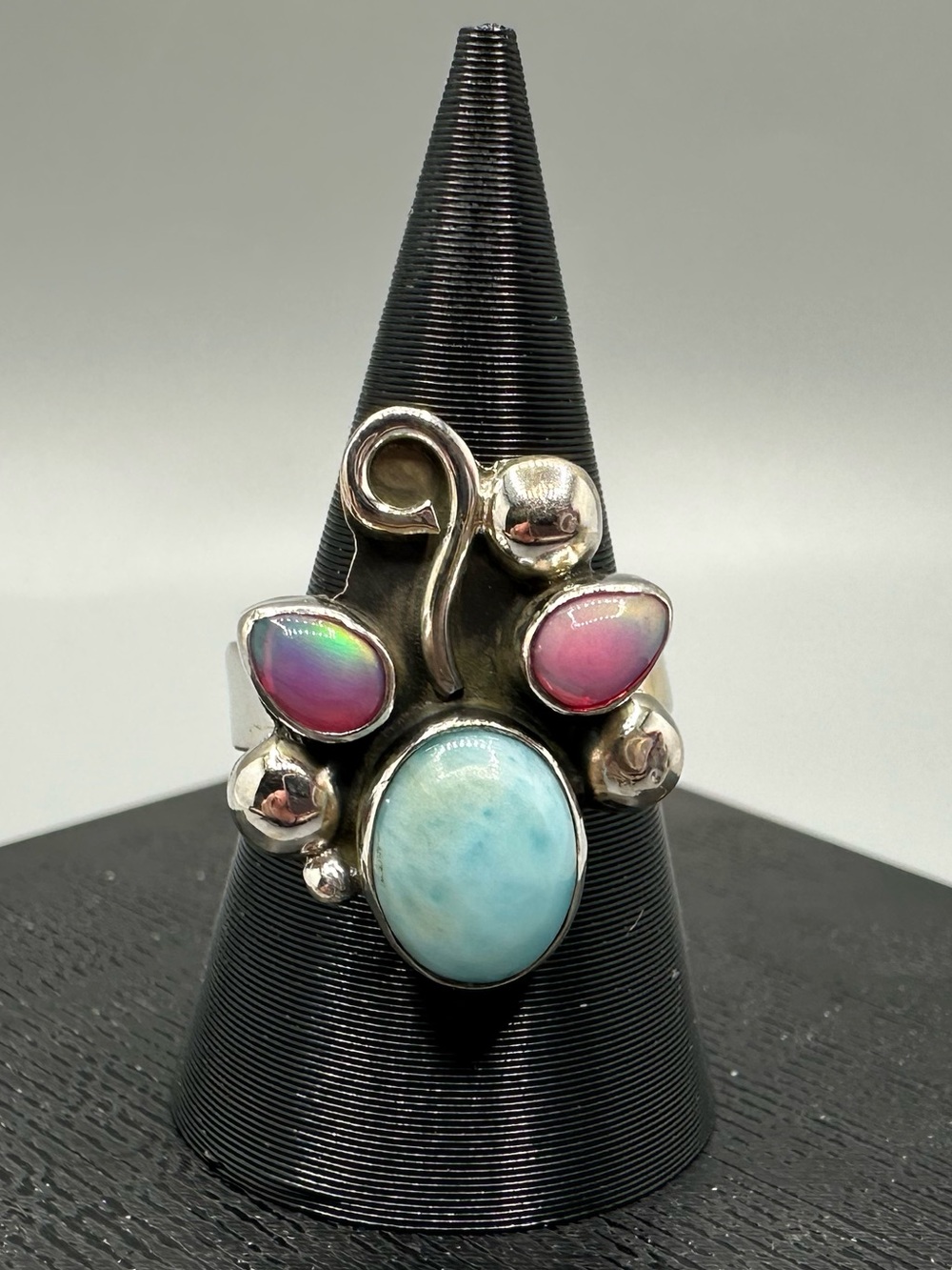 Larimar & Aurora Opal Sterling Silver 925 Adjustable Ring Handmade
